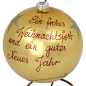 Preview: große gold glaskugel mit ständer handbemalt mit engelmotiv und beschriftet mit weihnachtsgrüßen