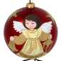 Preview: große rote glaskugel mit ständer handbemalt mit engelmotiv und beschriftet mit weihnachtsgrüßen