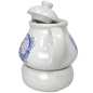 Preview: weiße keramik kanne von ein liter inhalt und mit siebeinsatz und dem passenden stövchen verziert mit windmühle in blau