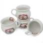 Preview: vier weiße keramik tassen von 0,35 liter inhalt verziert mit windmühle in braun