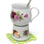 Preview: keramik tasse von 0,4 liter mit stövchen  inhalt verziert mit rosen