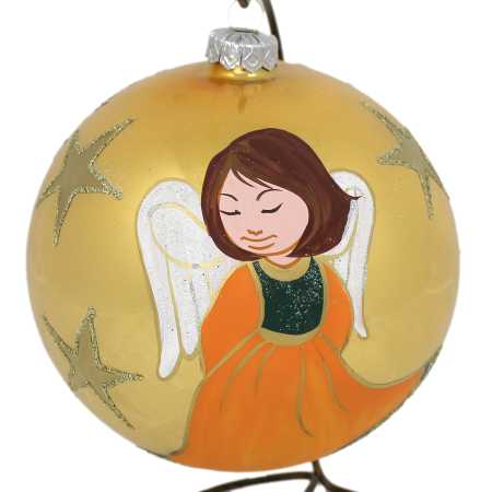 große gold glaskugel mit ständer handbemalt mit engelmotiv und beschriftet mit weihnachtsgrüßen