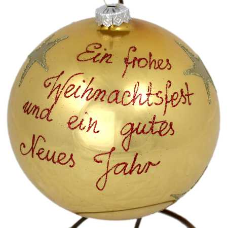 große gold glaskugel mit ständer handbemalt mit engelmotiv und beschriftet mit weihnachtsgrüßen