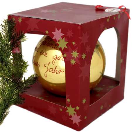 große gold glaskugel mit ständer handbemalt mit engelmotiv und beschriftet mit weihnachtsgrüßen