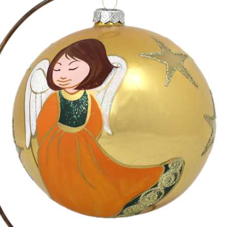 große gold glaskugel mit ständer handbemalt mit engelmotiv und beschriftet mit weihnachtsgrüßen