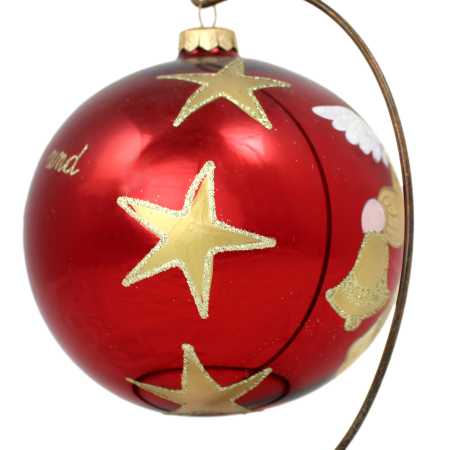 große rote glaskugel mit ständer handbemalt mit engelmotiv und beschriftet mit weihnachtsgrüßen