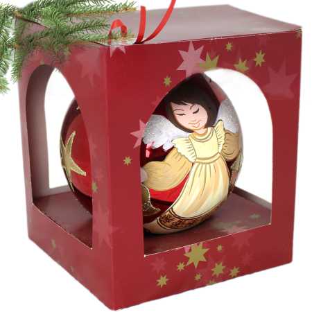 große rote glaskugel mit ständer handbemalt mit engelmotiv und beschriftet mit weihnachtsgrüßen
