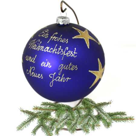 große Blau glaskugel mit ständer handbemalt mit engelmotiv und beschriftet mit weihnachtsgrüßen