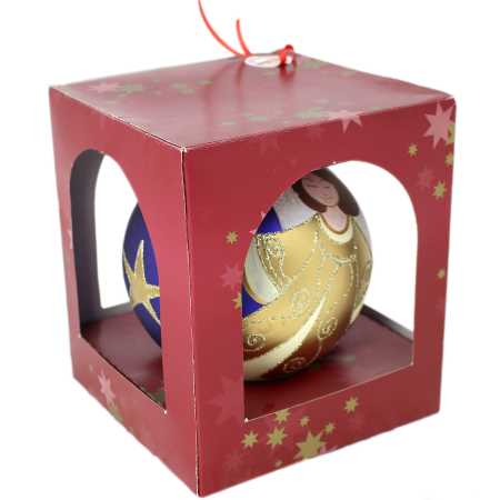 große Blau glaskugel mit ständer handbemalt mit engelmotiv und beschriftet mit weihnachtsgrüßen