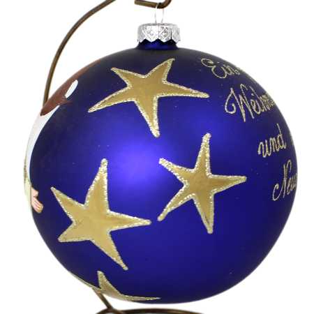 große Blau glaskugel mit ständer handbemalt mit engelmotiv und beschriftet mit weihnachtsgrüßen