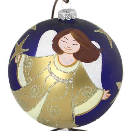 große Blau glaskugel mit ständer handbemalt mit engelmotiv und beschriftet mit weihnachtsgrüßen