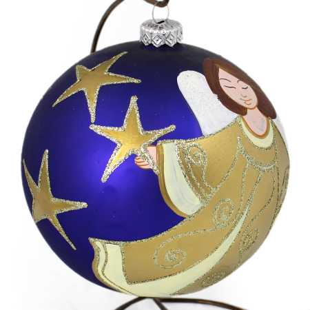 große Blau glaskugel mit ständer handbemalt mit engelmotiv und beschriftet mit weihnachtsgrüßen