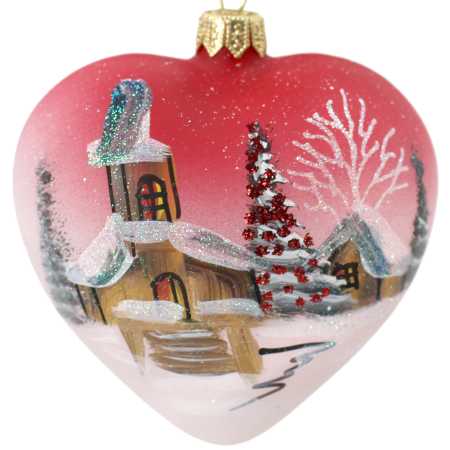 herz aus glas handbemalt mit winter landschaft in rot