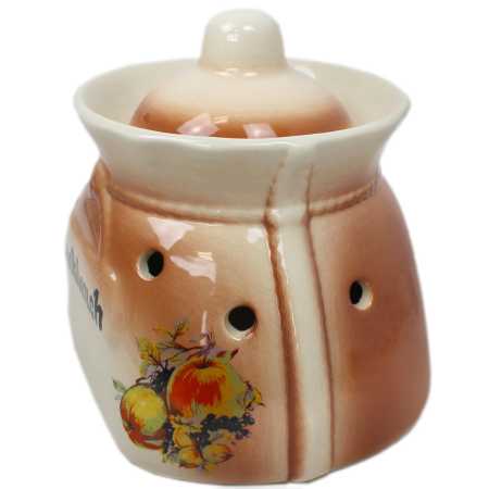 weißer keramik topf in der sackform von 1 liter verziert mit obst motiv