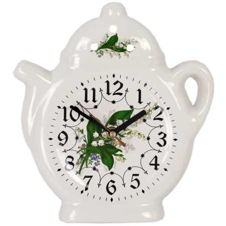 weiße keramik uhr in der teekanne form verziert mit maiglöckchen