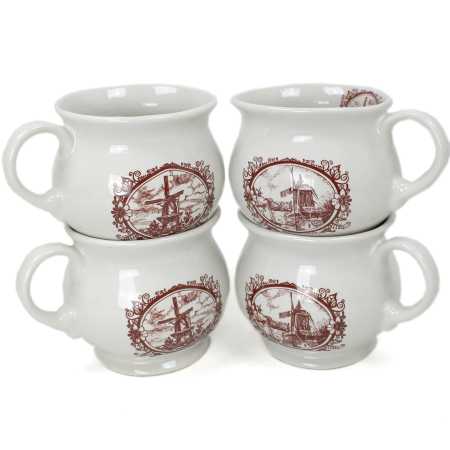 vier weiße keramik tassen von 0,35 liter inhalt verziert mit windmühle in braun