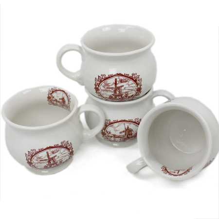 vier weiße keramik tassen von 0,35 liter inhalt verziert mit windmühle in braun