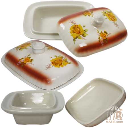 weiße keramik butterdose für ein stück butter von 250 gramm in ovaler form und verziert mit rosen in gelb