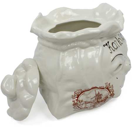 weißer keramik topf in der sackform von 4 liter verziert mit windmühle in braun