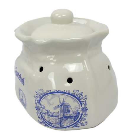 weißer keramik topf in der sackform von 2,5 liter verziert mit windmühle in blau