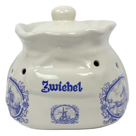 weißer keramik topf in der sackform von 2,5 liter verziert mit windmühle in blau