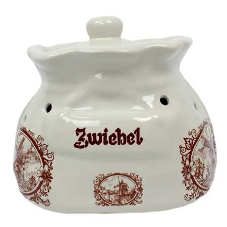 weißer keramik topf in der sackform von 2,5 liter verziert mit windmühle in braun