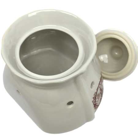 weißer keramik topf in der sackform von 1 liter verziert mit windmühle in braun