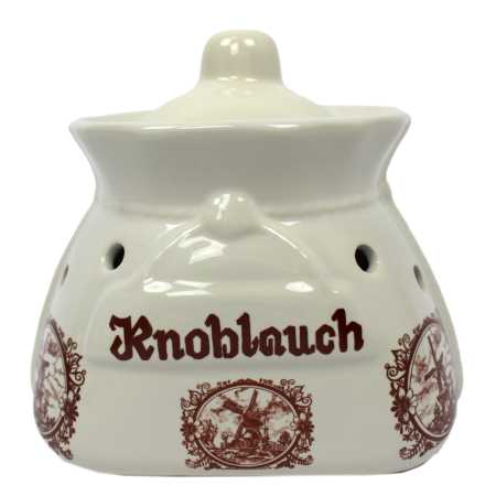 weißer keramik topf in der sackform von 1 liter verziert mit windmühle in braun