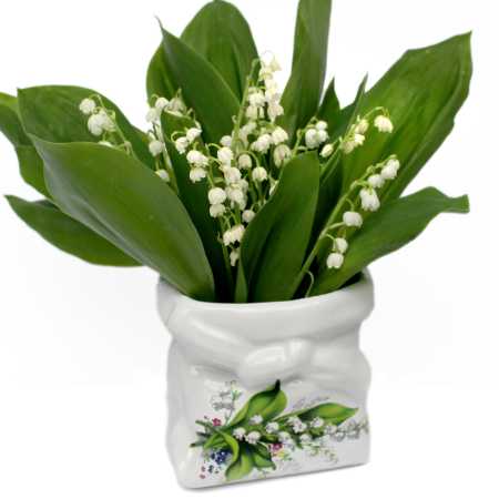 weißer keramik topf in der sackform von 0,5 liter verziert mit maiglöckchen