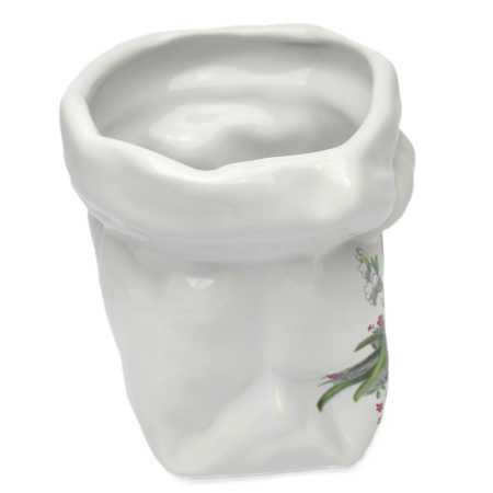 weißer keramik topf in der sackform von 0,5 liter verziert mit maiglöckchen