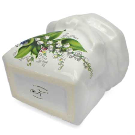 weißer keramik topf in der sackform von 0,5 liter verziert mit maiglöckchen