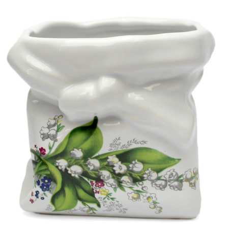 weißer keramik topf in der sackform von 0,5 liter verziert mit maiglöckchen