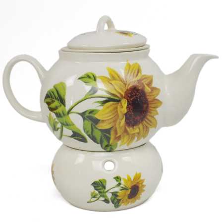 Teekanne aus weißer Keramik mit einem Liter Fassungsvermögen und Sieb und passendem Stövchen mit Mohnblumen