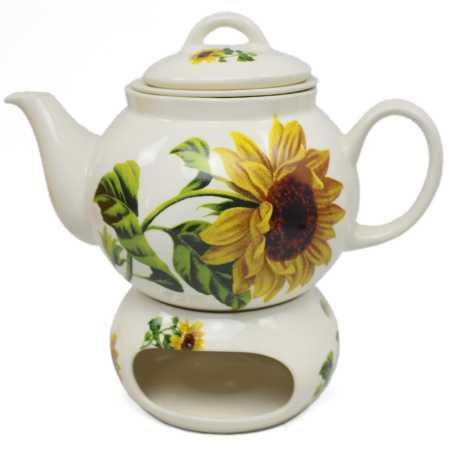Teekanne aus weißer Keramik mit einem Liter Fassungsvermögen und Sieb und passendem Stövchen mit Mohnblumen