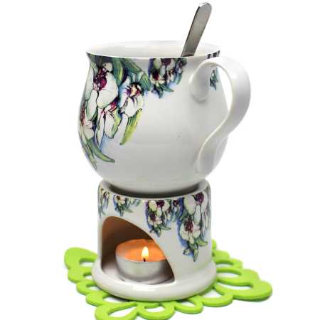 keramik tasse von 0,4 liter mit stövchen  inhalt verziert mit Orchidee