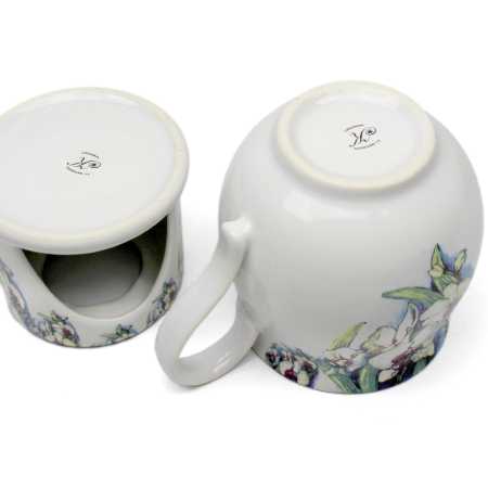 keramik tasse von 0,4 liter mit stövchen  inhalt verziert mit Orchidee
