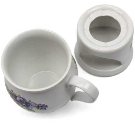 keramik tasse von 0,4 liter mit stövchen  inhalt verziert mit Stiefmütterchen