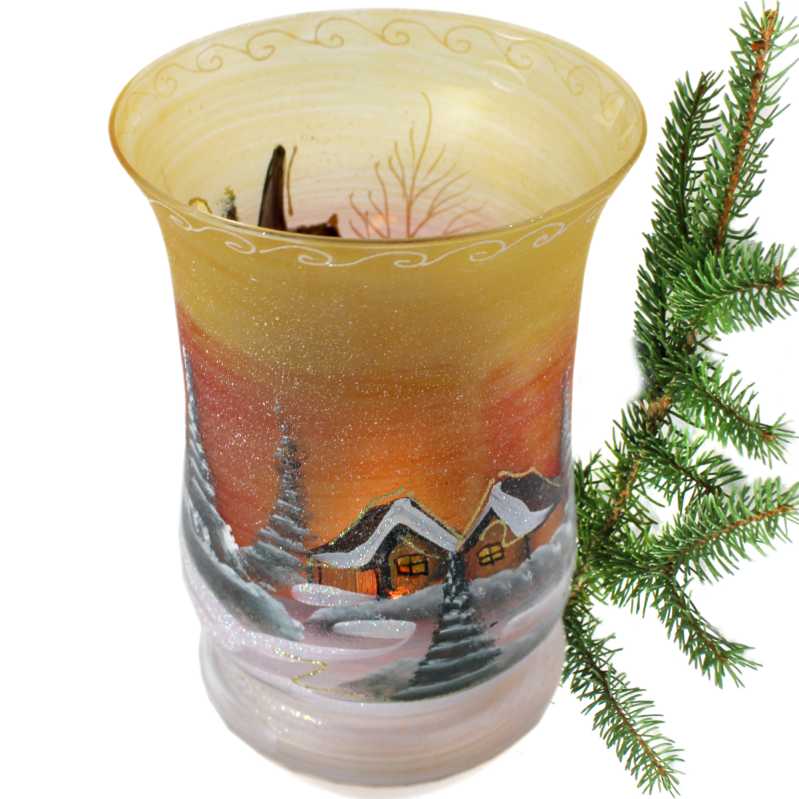 per hand bemalte glasvase mit winterlandschaft in gold-rot