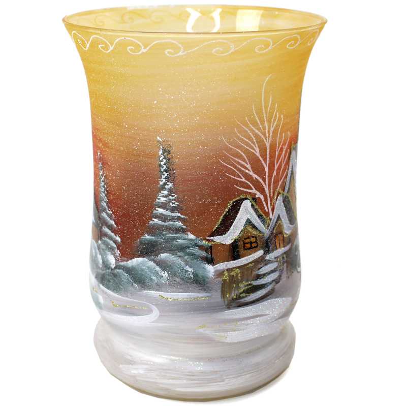 per hand bemalte glasvase mit winterlandschaft in gold-rot