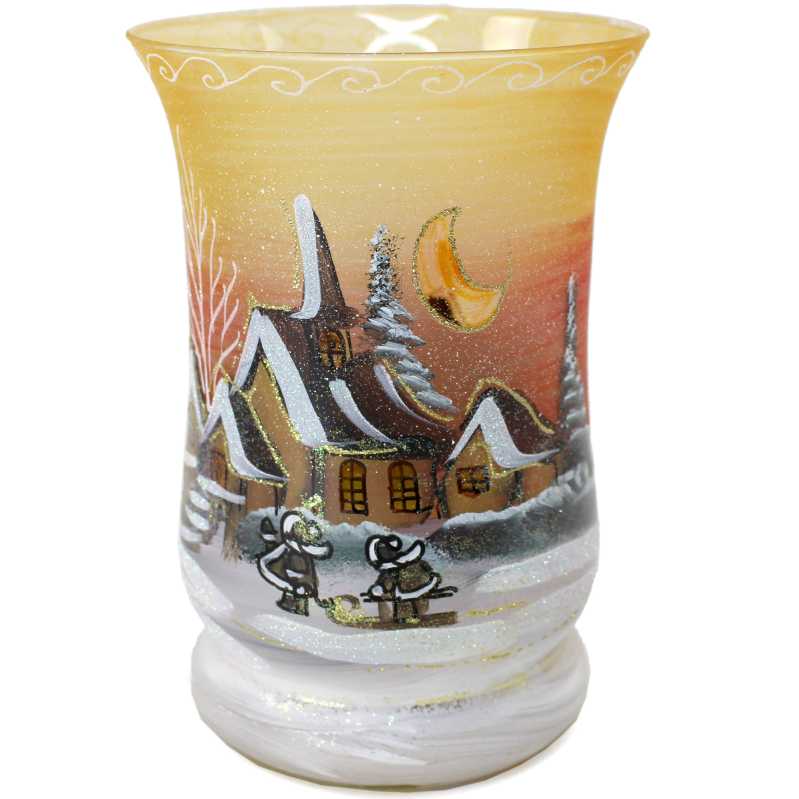 per hand bemalte glasvase mit winterlandschaft in gold-rot