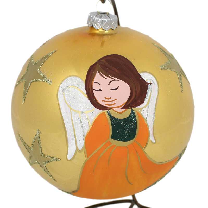 große gold glaskugel mit ständer handbemalt mit engelmotiv und beschriftet mit weihnachtsgrüßen