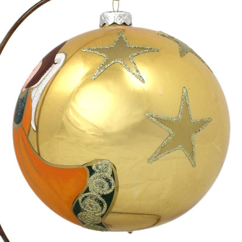 große gold glaskugel mit ständer handbemalt mit engelmotiv und beschriftet mit weihnachtsgrüßen