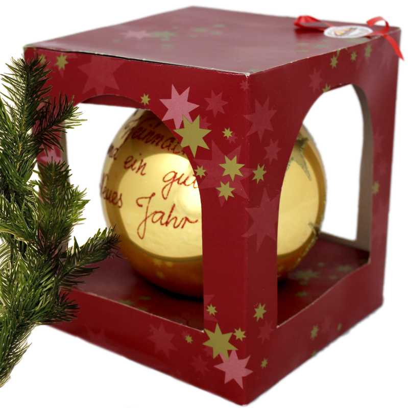 große gold glaskugel mit ständer handbemalt mit engelmotiv und beschriftet mit weihnachtsgrüßen