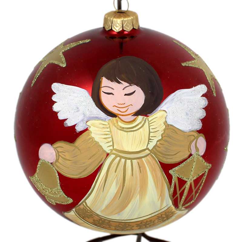 große rote glaskugel mit ständer handbemalt mit engelmotiv und beschriftet mit weihnachtsgrüßen