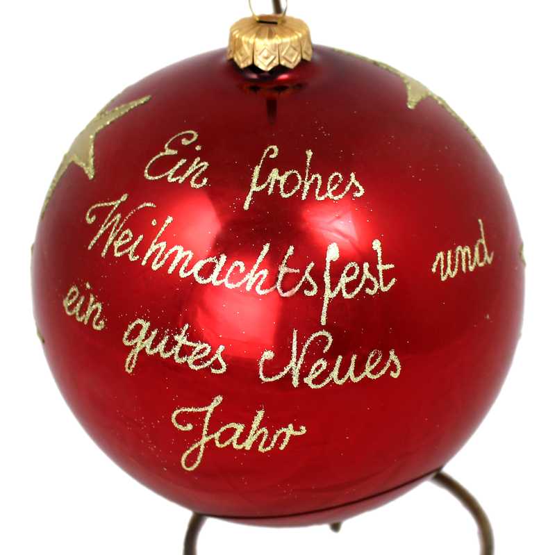 große rote glaskugel mit ständer handbemalt mit engelmotiv und beschriftet mit weihnachtsgrüßen