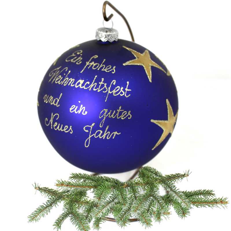 große Blau glaskugel mit ständer handbemalt mit engelmotiv und beschriftet mit weihnachtsgrüßen