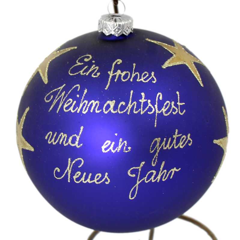 große Blau glaskugel mit ständer handbemalt mit engelmotiv und beschriftet mit weihnachtsgrüßen