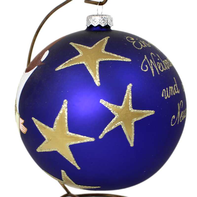 große Blau glaskugel mit ständer handbemalt mit engelmotiv und beschriftet mit weihnachtsgrüßen