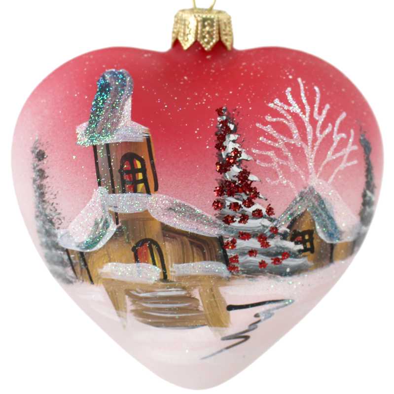herz aus glas handbemalt mit winter landschaft in rot
