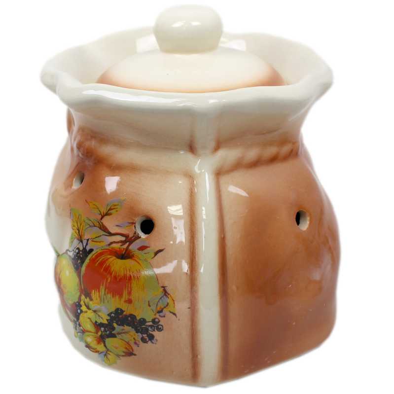 weißer keramik topf in der sackform von 2,5 liter verziert mit obst motif